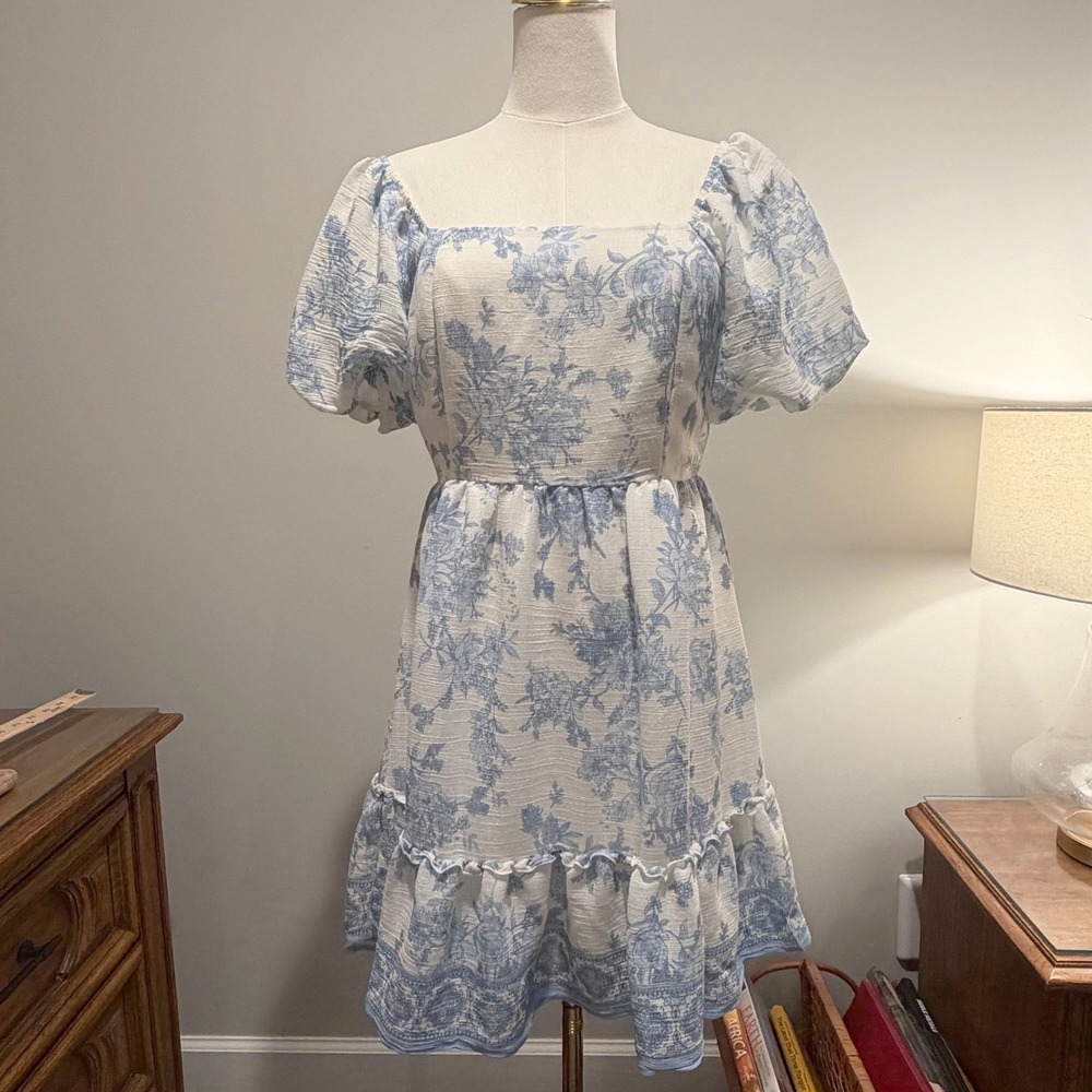 Blu Pepper Toile Dress Women S Blue Mini Lined Puff Sleeve Cottagecore Boho